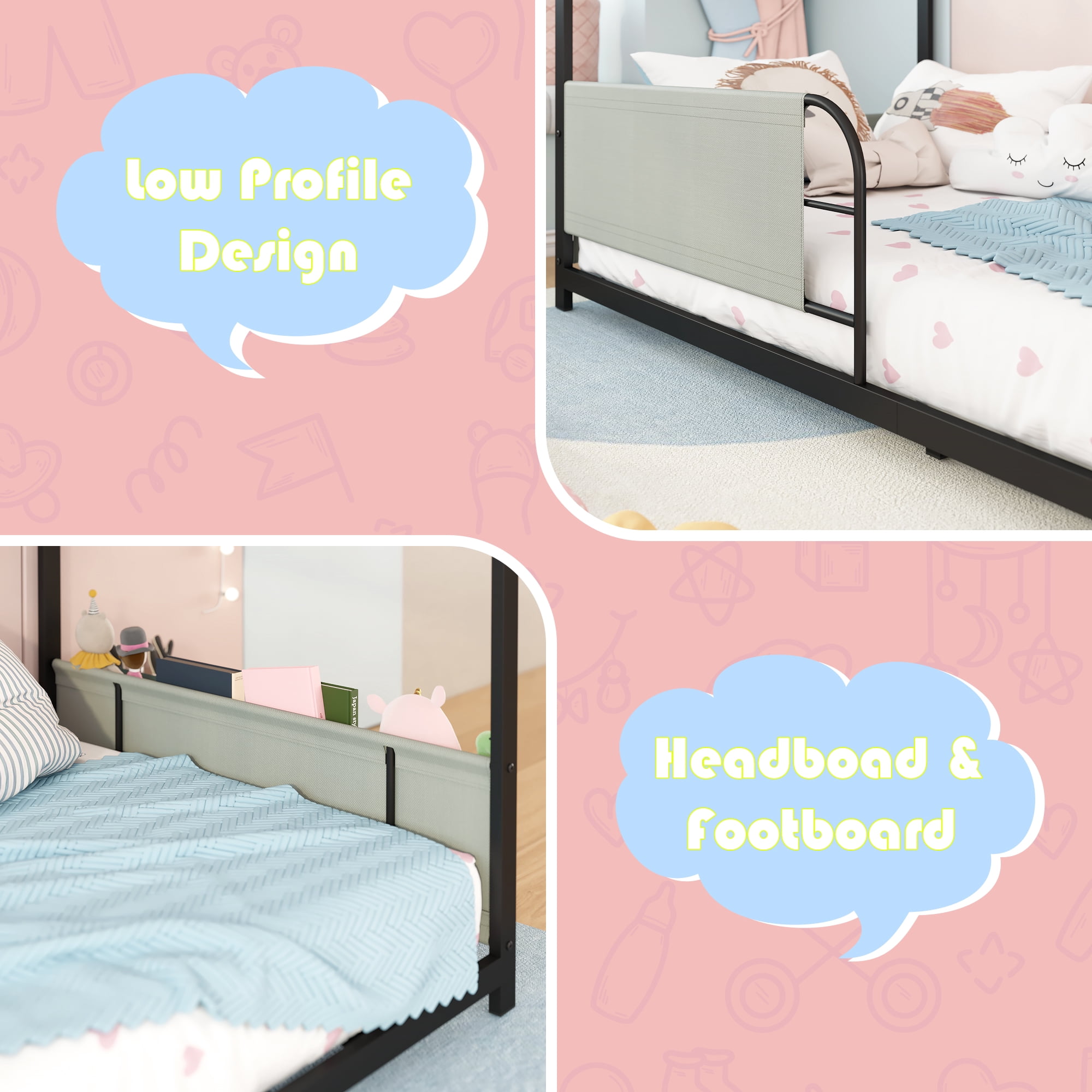 Yoneston Twin Size House Floor Bed with Storage Caddy and Shelf for Kids, Sturdy Metal Bed Frame with Guardrail for Toddlers, Boys and Girls - Black