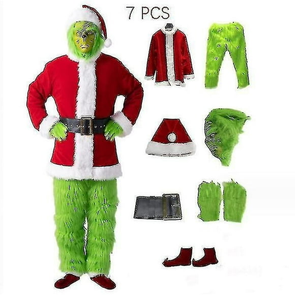 SHAR 7pcs The Grinch Costume Christmas Cosplay Adult Santa Costume Outfits Set + Mask A 2XL
