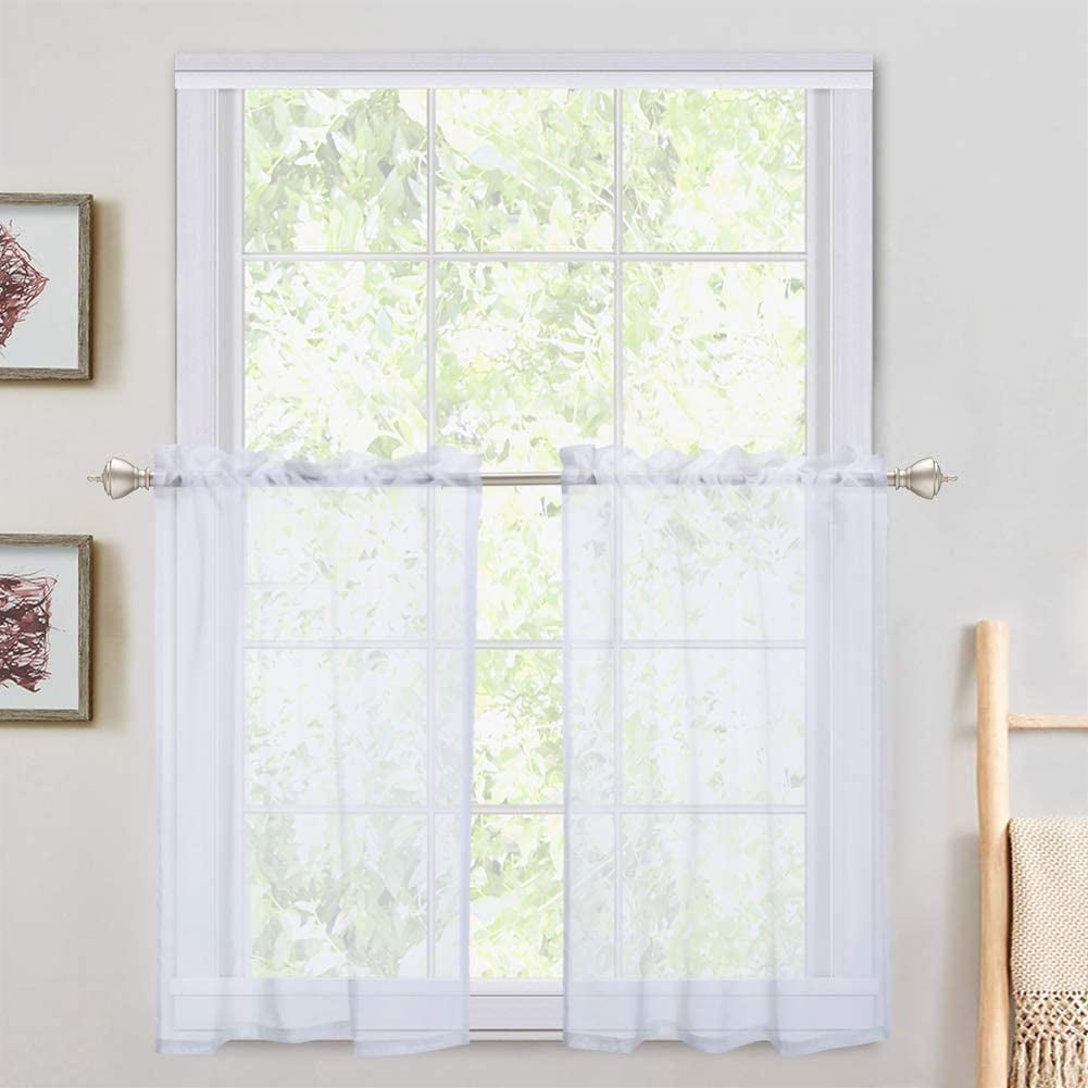 MIULEE White Sheer Tiers Short Kitchen Curtains 36 inches Length,Linen Textured Semi Sheer Voile Drapes for Small Half Window Bathroom 29 x 36, White, 2 Panels 
