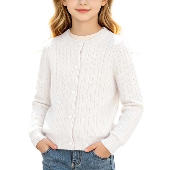 Guluxicc Kids Girls Solid Color Stretch Knit Cardigan Crew Neck Long Sleeve Sweater 1-10 Years