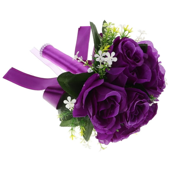 Niceauty Purple Bride Flower Bouquet with Satin Ribbon Roses Faux Silk Flowers for Wedding