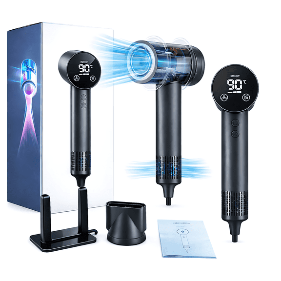 DIAYUBU High Speed Ionic Hair Dryer, 120,000 RPM Brushless Motor, LED Display, Negative Ion, 4 Heat/3 Speed, Magnetic Nozzle, Black