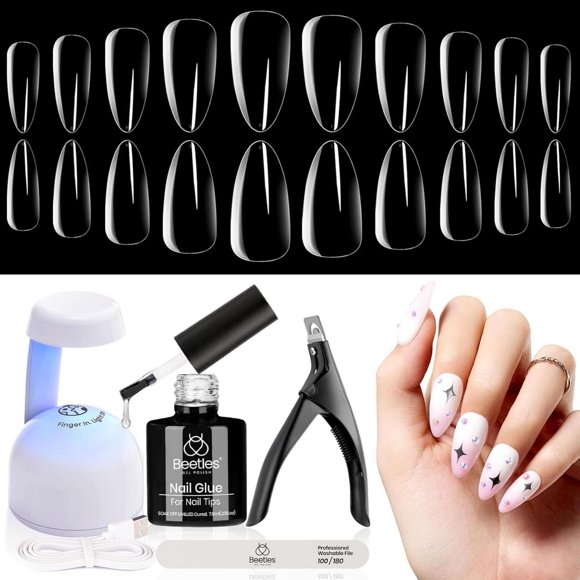 Beetles Gel Nail Kit Almond Nail Tips Easy Nail Extension In 1 Nail Glue Gel with Pre shaped Medium Almond Nail Tips & UV Nail Lamp Acrylic Nail Clipper DIY Art Gifts for Her
