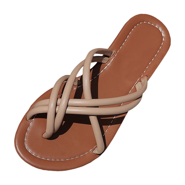 Bmisegm Ladies Summer Fashion Simple Solid Colour Open Toe Flat Bottom Slip Beach Outside Wear Large Size Sandals Slippers Sandals Women Summer Khaki 9
