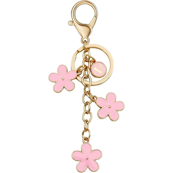 Cute Initial Letter Keyring for Women Girls Nice Flower Keychains for Handbag Backpack