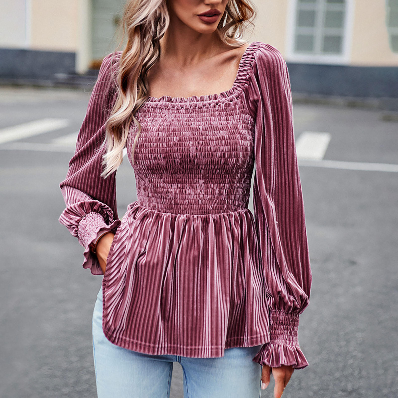 Square Neck Tops for Women Ruffle Trim Long Sleeve Blouses