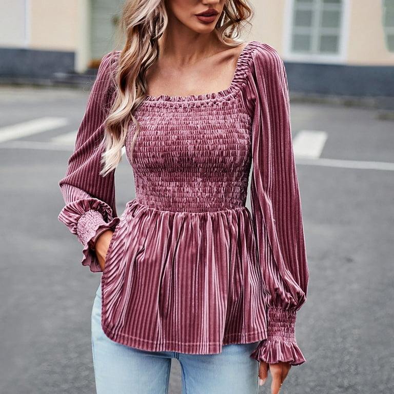 Square Neck Tops for Women Ruffle Trim Long Sleeve Blouses Slim