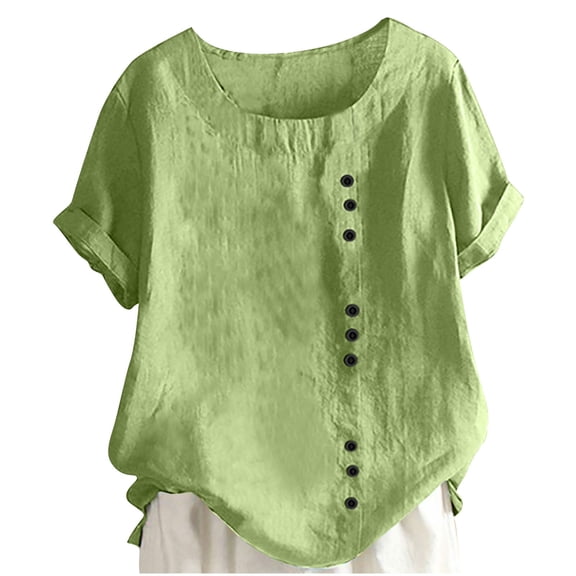 Dianli Girls Tops Button Crew Neck Shirts Cotton Short Sleeve Cotton Linen Solid Tops Soft Going out Tops Clothes for Girls 4-12 Clearance Items Green 5 Years