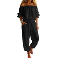 thumbnail image 3 of Jerdar Womens 2 Piece Outfits Off Shoulder Tops Wide Leg Pants Drawstring Waist Side Pockets Vacation Travel Casual Lounge Streetwear L, 3 of 8