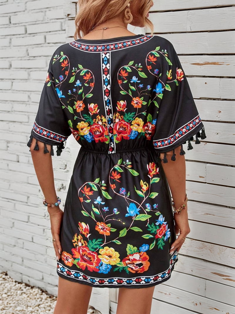 Fiesta Embroidered Mexican Dress for Women Plus Size Short Sleeve Summer Boho Dresses with Pocket Black XL Fiesta Embroidered Mexican Dress for Women Plus Size Short Sleeve Summer Boho Dresses with Pocket Black XL