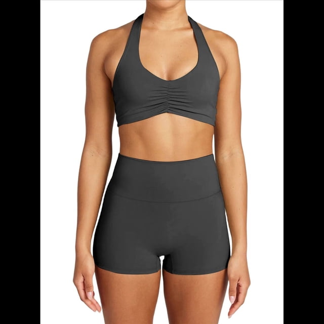 Conjuntos Entrenamiento para Mujer 2 Piezas,Sujetador Deportivo con Cuello Halter y Arrugas,Pantalones Cortos Ciclista Cintura Alta,Ropa Ejercicio para Gimnasio Yoga Gris Oscuro L
