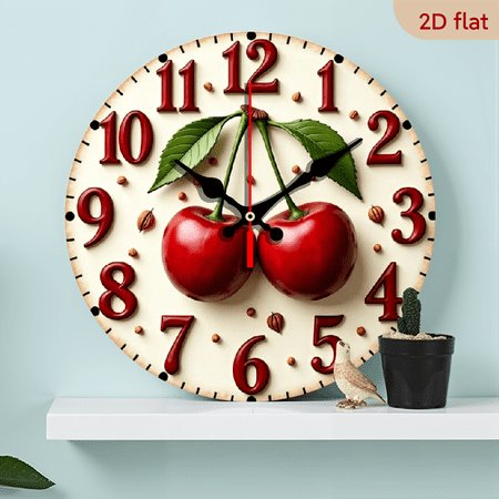 A 10-inch 2D flat wooden round wall clock, themed red cherry, suitable for bedroom, living room, office decoration. A perfect gift for Mother's Day and other festivals.