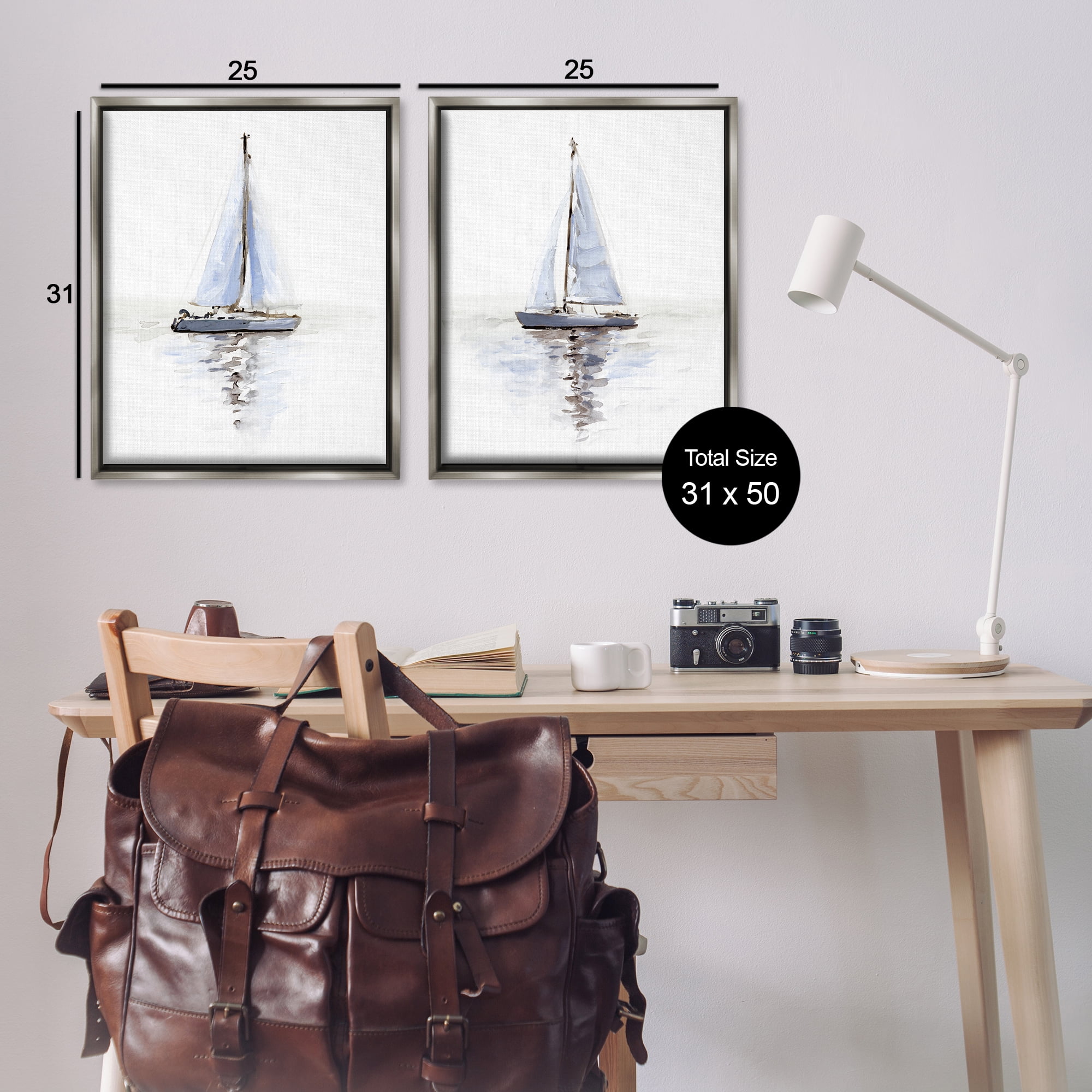 Stupell Industries Watercolor Sailboat Calm Water Transportation Painting Gray Floater Framed Canvas Art Print Wall Art, 31 x 25, Set of 2