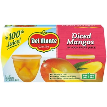 (4 Cups) Del Monte Diced Mango Fruit Cup Snacks, 100% Juice, 4 oz