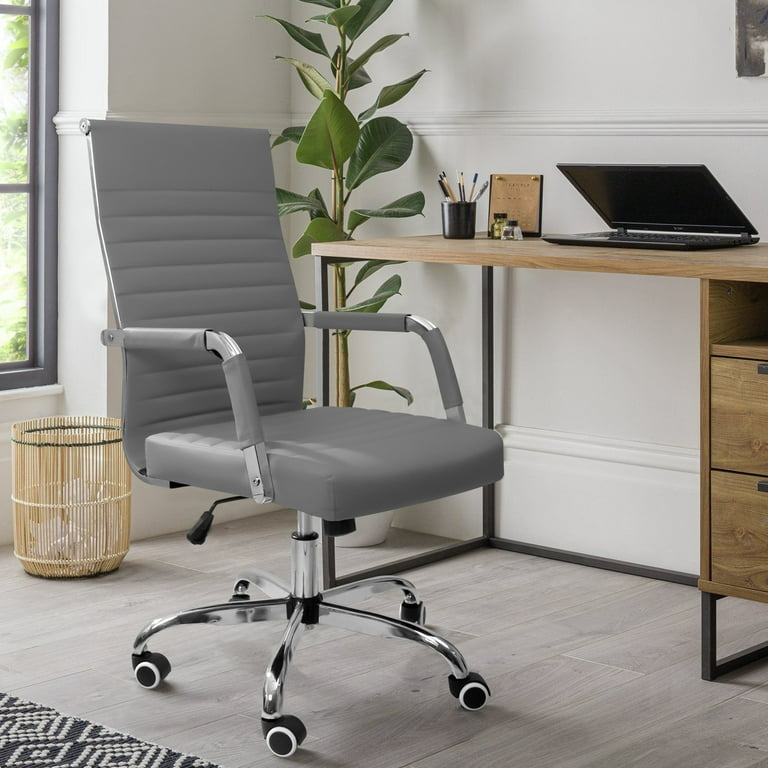 Furmax Modern Study Office Chair with Wheels, Ribbed Mid-Back PU