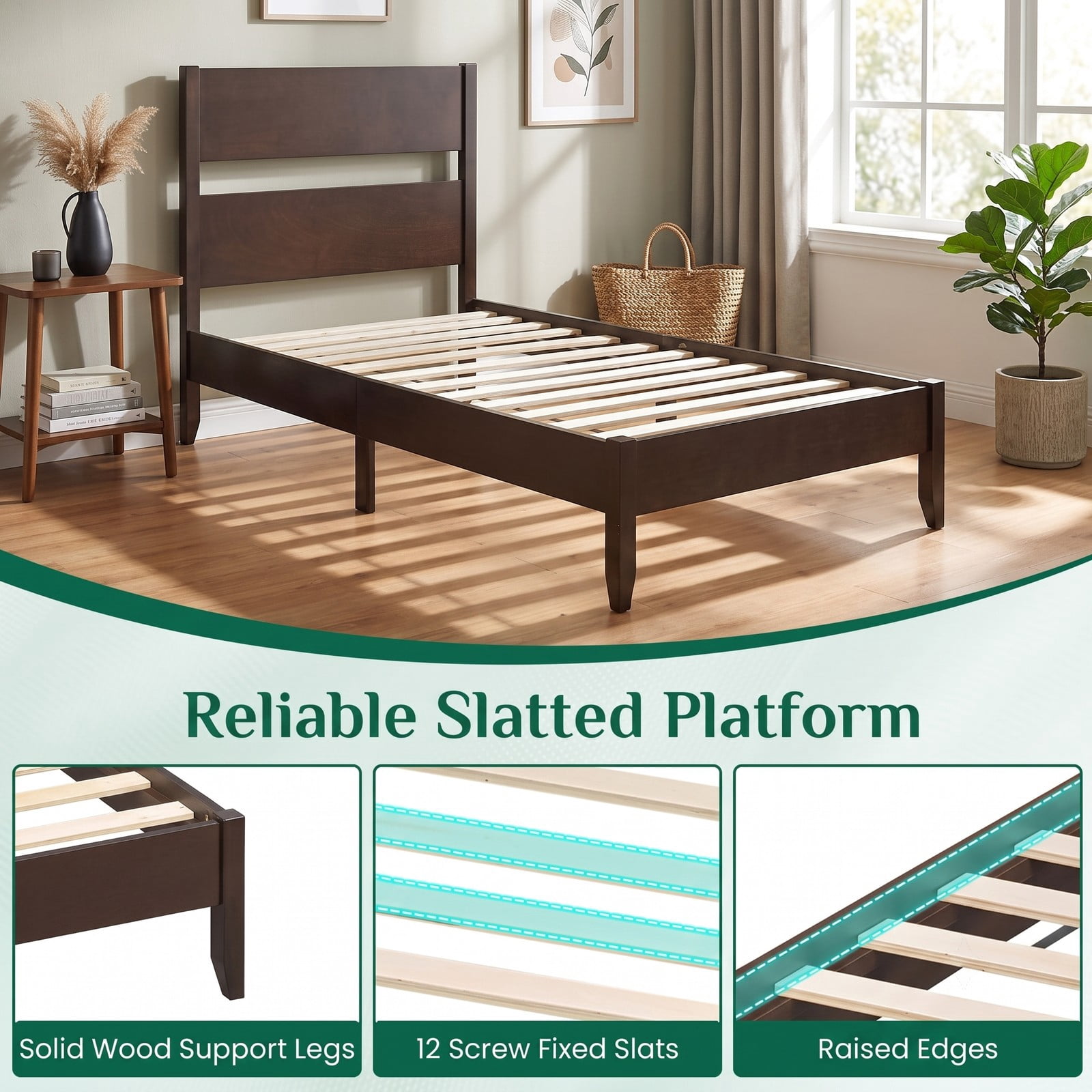 Furnibear Twin Bed Frame Wooden Bed Frame with Plank Headboard and 12 Slat Support for Bedroom and Guest Room, Dark Walnut