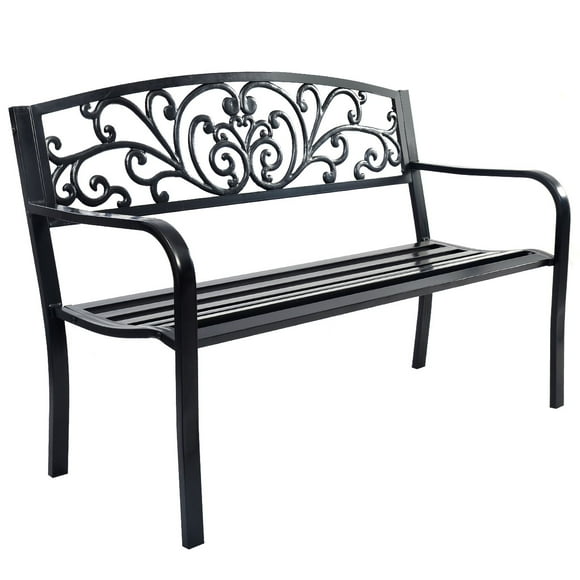 Topbuy 50" Patio Bench Porch Chair Steel Frame Cast Iron Loveseat w/ Backrest for Park Garden