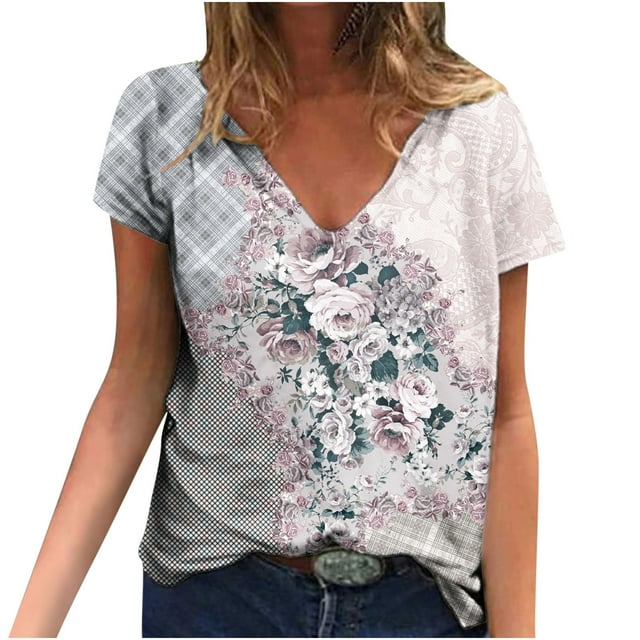 Blusa estampada de verano para mujer, camisetas casuales de manga corta con cuello en V, camisetas Pompotops hkajfhjk472552