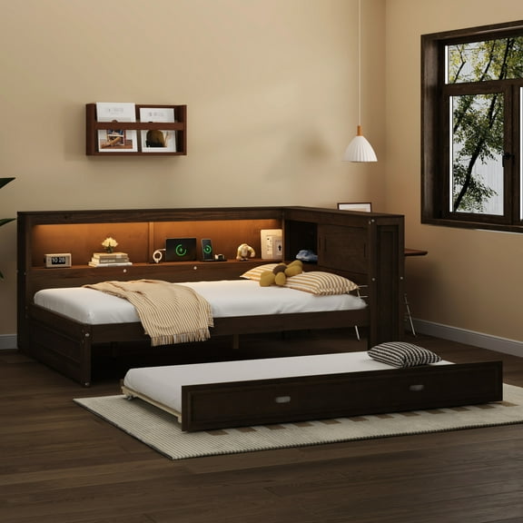 Attractive Full Size Daybed With Storage, , Led, And Trundle - Antique Accent Wood Built-in Storage Included Construction