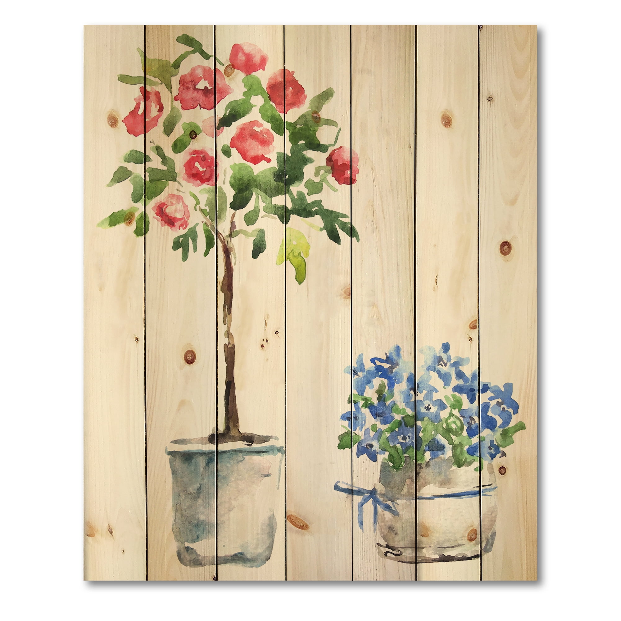 Designart 'Red and Blue Houseplants' Traditional Print on Natural Pine Wood
