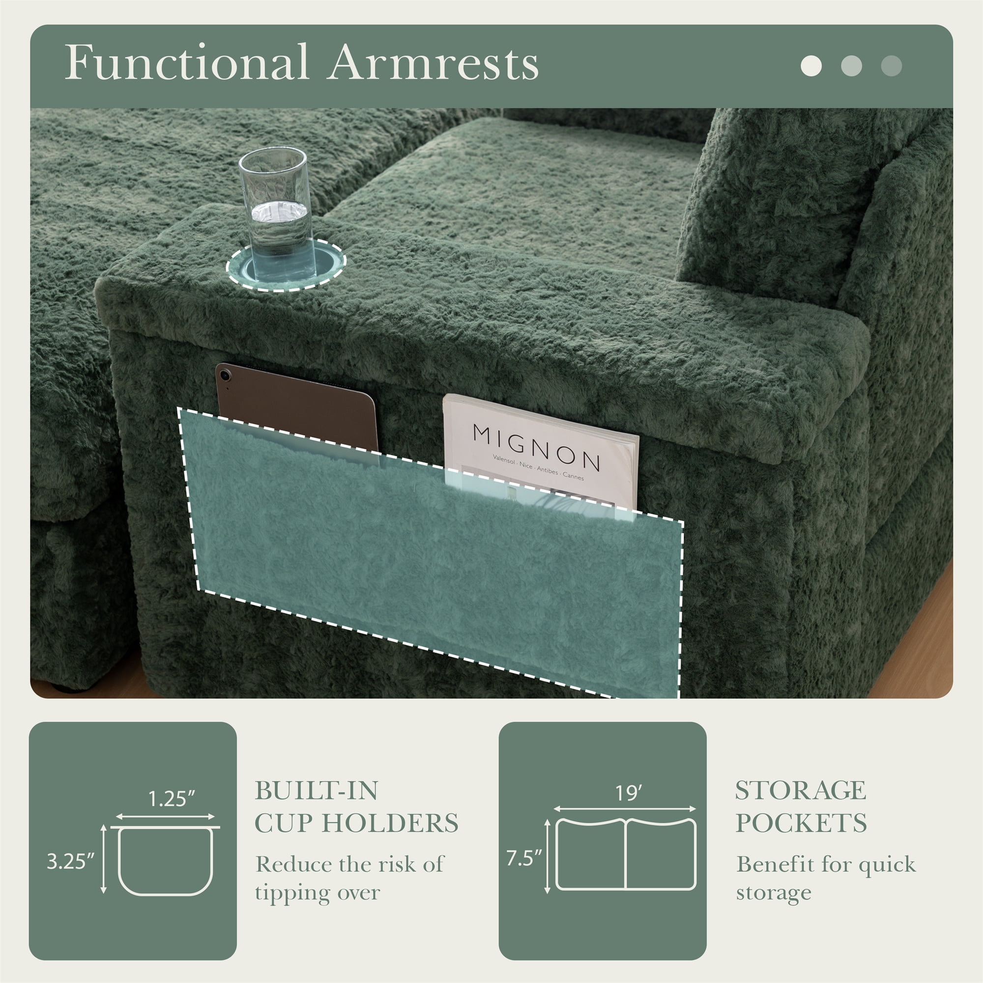 Aukfa 43 inch Chaise Lounge w/ 2 Cupholders, Storage Ottoman, Plush Chair Bed for Living Room, Green