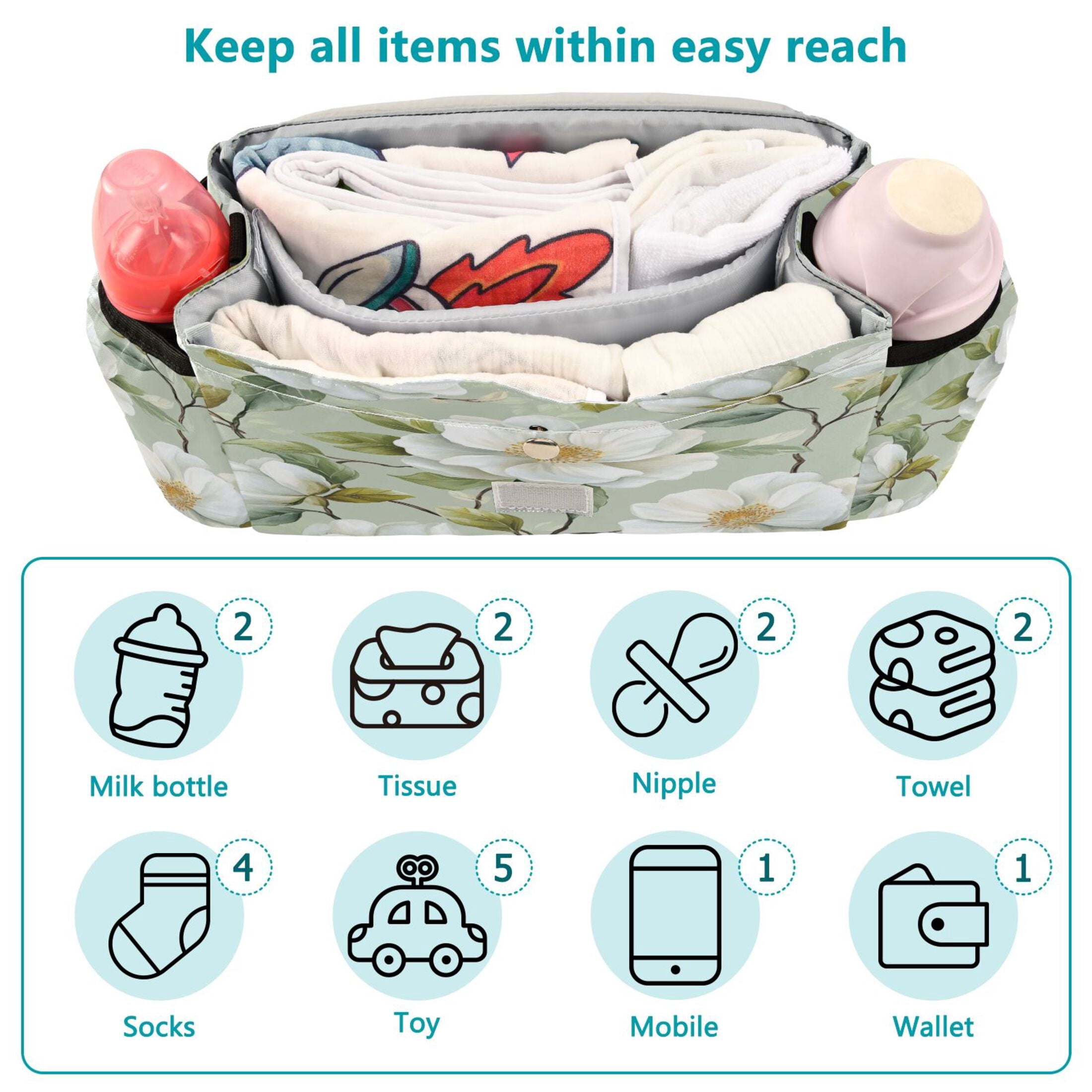 DIXRUYEE Stroller Organizer Elegant White Garden Printed
