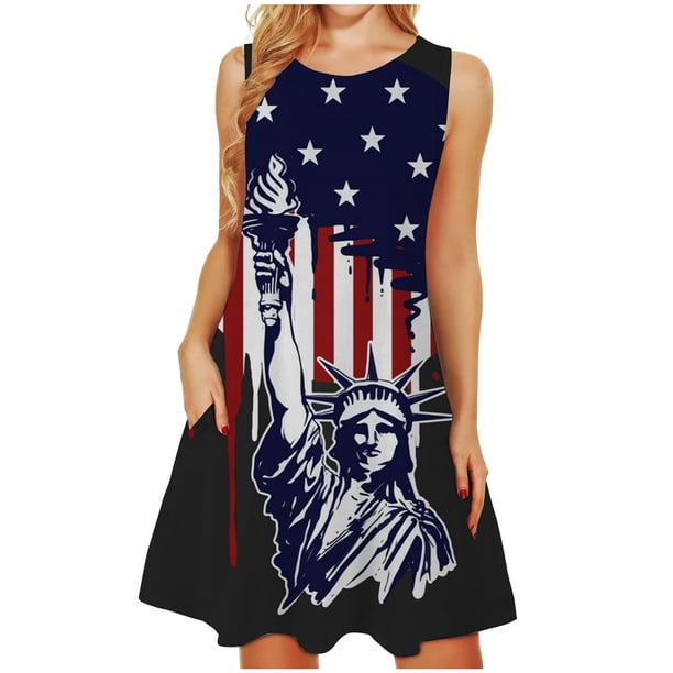 Día de la Independencia Imprimir Mujer Moda Verano Casual Sexy Verano Sin mangas Cuello redondo Vestido Pompotops ghjkhdj3520