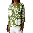 thumbnail image 2 of Gamivast Linen Womens Tops Dressy Casual Leaf Print V-Neck Tunic Tops 3/4 Sleeve Summer Blouses Floral Work Office Holiday Wear Outfits, 2 of 8
