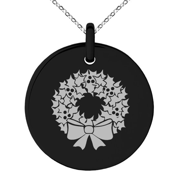 Black Stainless Steel Christmas Wreath Engraved Small Medallion Circle Charm Pendant Necklace
