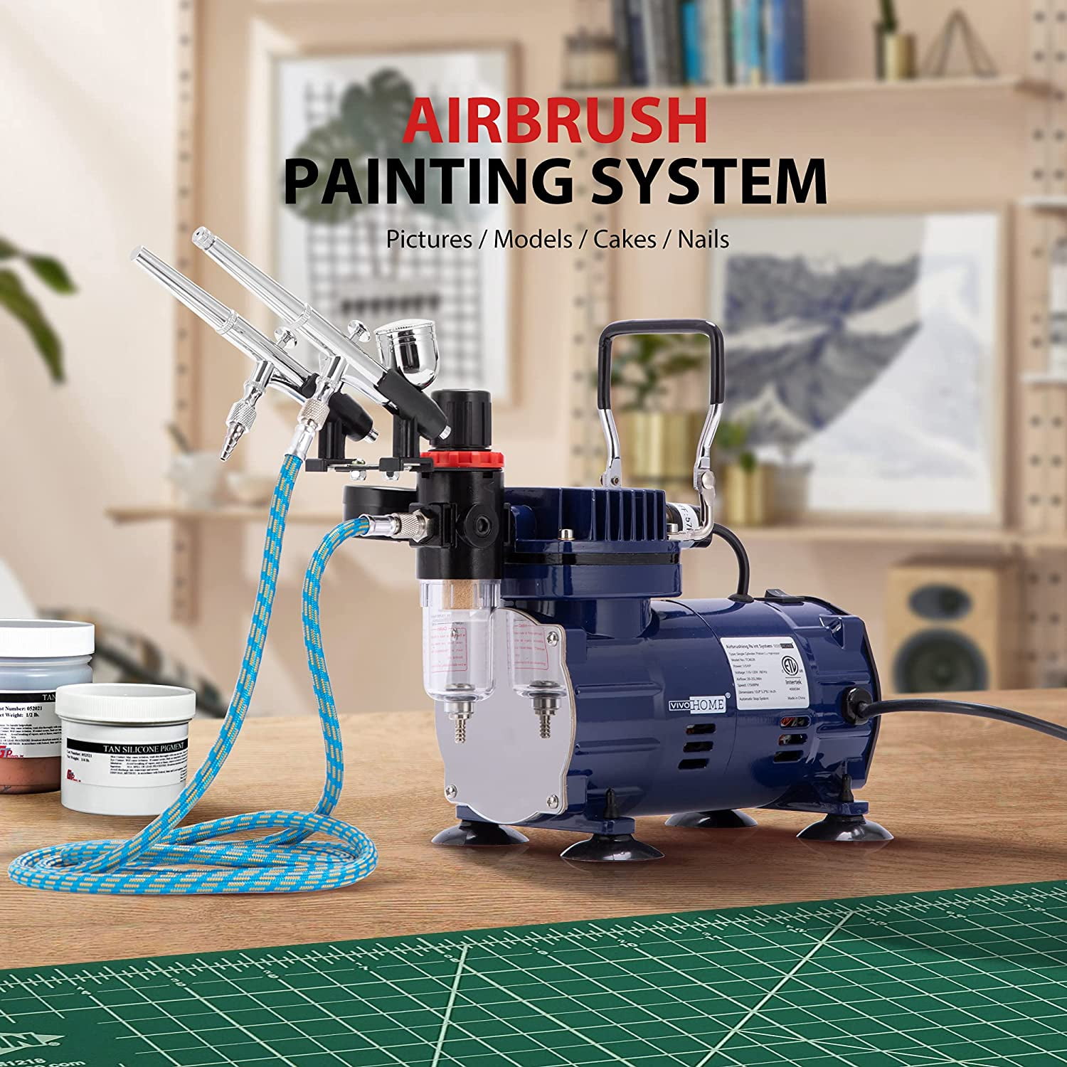 SPECSTAR Airbrush Kit with Professional Air Compressor and 3 Dual Action Airbrush Gun, Gravity and Siphon Feed, Quiet Air Brush Set with Holder, Color Wheel, Cleaning Brush, 2 Cup, Blue