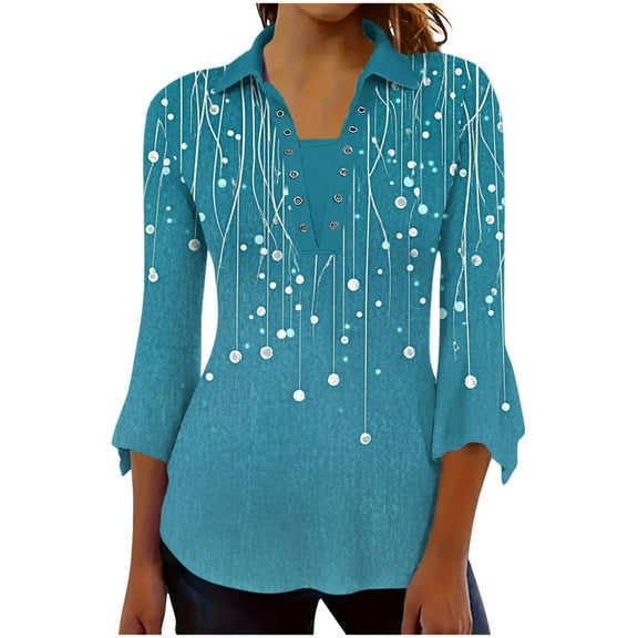 DeHolifer Shirts for Women V-Neck 3/4 Sleeve Lapel Button Novelty Printed Casual Dressy Blouse Tops Blue L