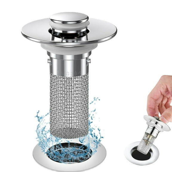 Bathroom Sink Drain Strainer,Universal Drain Filter with Hair Strainer,Pop Up Detachable Stainless Steel Wash Basin Stopper Sink Drain Filter Anti-Clogging