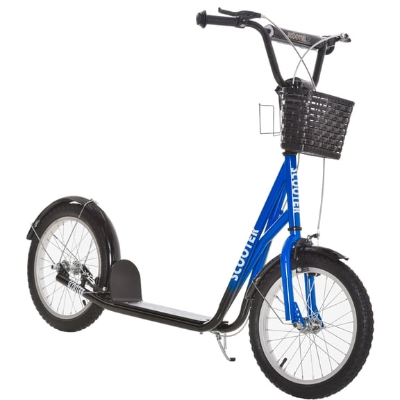 Blue 16" Kick Scooter with Basket, Adjustable Height, Dual Brakes, and Cup Holder