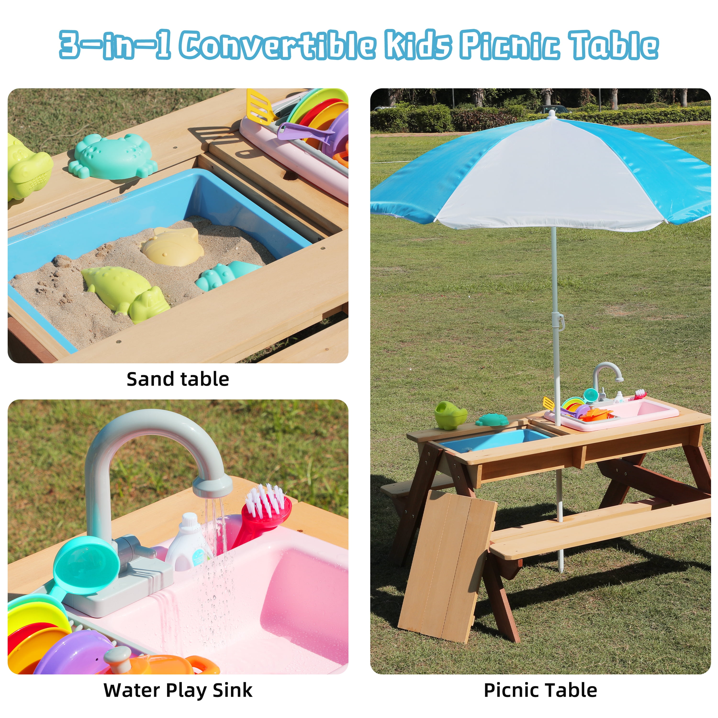 Seizeen 3-in-1 Sandbox & Water Table for Kids, Wood Outdoor Picnic Table with Umbrella, 2 Play Boxes, Removable Top Sand Water Picnic Tables for Garden, Backyard, Beach Play