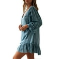 thumbnail image 3 of Vestido corto holgado con cuello en V para mujer de VISgogo, falda fruncida con manga de pulsera de empalme y decoración de botones de Color sólido para mujer de otoño VISgogo moda, 3 of 5