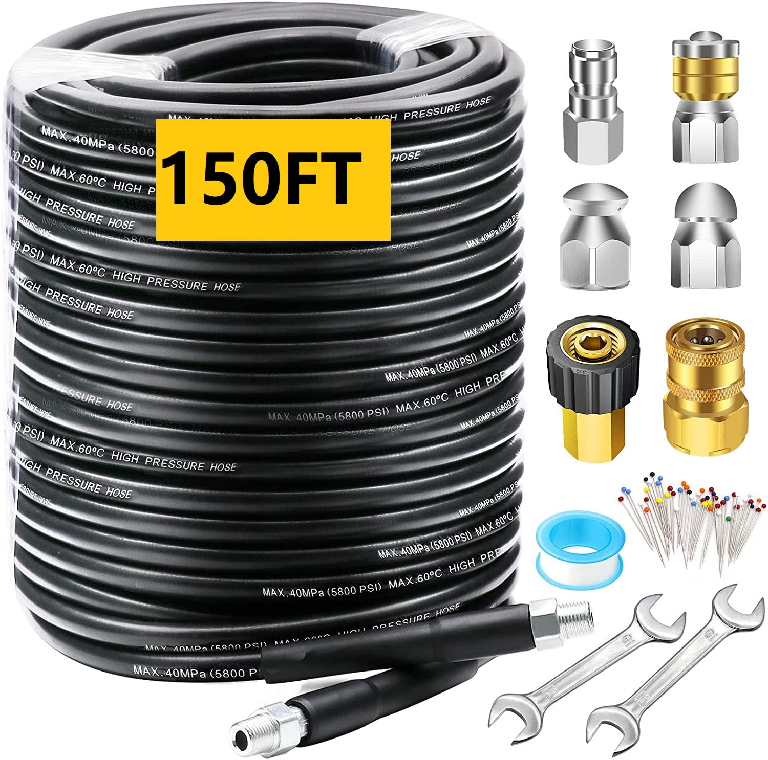 Sewer Jetter Kit 150FT for Pressure Washer, 5800PSI Drain Cleaner Hose