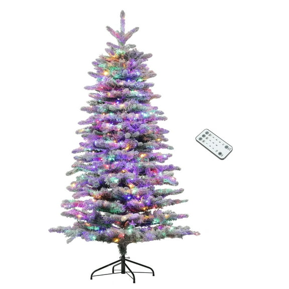 6.5ft Pre-Lit Snow Flocked Christmas Tree, Hinged Xmas Tree with 400 LED Lights - Indoor Holiday Decoration, 990 Tips, Multicolor/Warm White