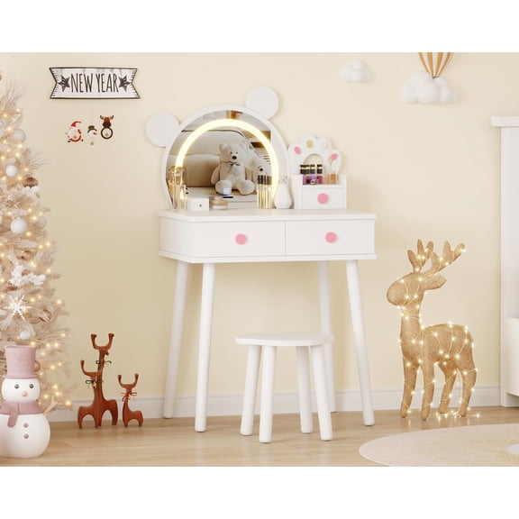 Princess Dressing Table Set for Kids with Bear Mirror and Lights, Stool, Drawers - Wooden Makeup Table for Bedroom and Pretend Play, White