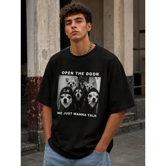 Chihuahuas In Hoodies Open The Door We Just Wanna Talk Vintage Grunge Y2K Short Sleeves Crewneck Cotton Unisex Men's Women's Tee Shirt