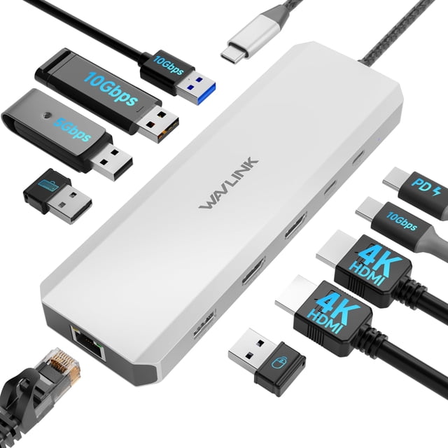 Estación de acoplamiento para ordenador portátil WAVLINK de 10 Gbps con doble HDMI de 100 W PD