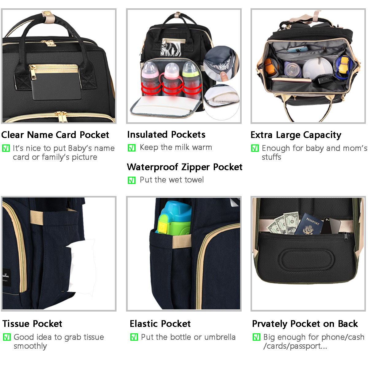 HAPPYLUOKA Diaper Changing Bag for Baby essentials, Diaper Backpack for Moms, Baby Boy Nappy Bag, Black