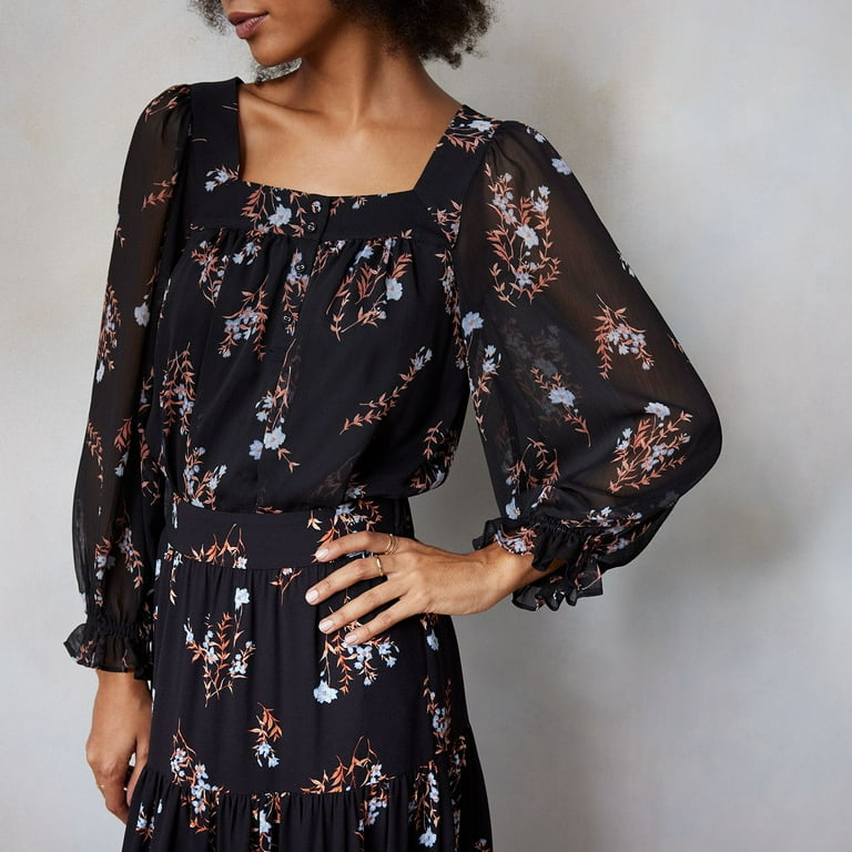 Women's LC Lauren Conrad Henley Puff Sleeve Peasant Top Color: Black Whispy  Ditzy Size: LARGE - Walmart.com