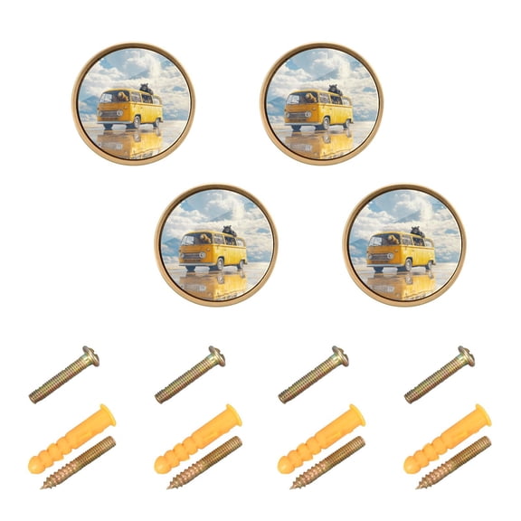 JIALIOU Kitchen Cabinet Knobs Round Zinc Drawer Pulls, Bus on Lake, 4 Pack