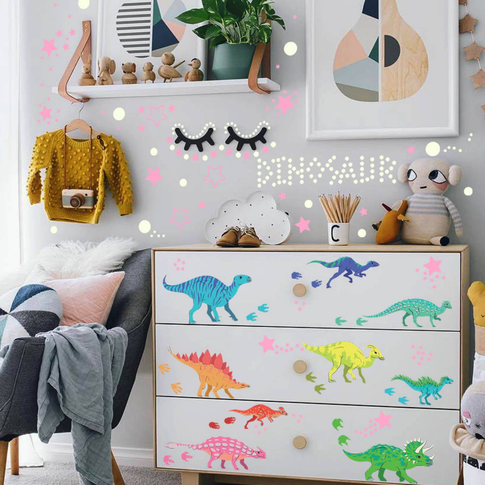 Glow in The Dark Dinosaur Wall Decals,Glowing Stickers for Ceiling,Boys Bedroom Decoration,Large Luminous Removable Dinosaur Wall Decor for Nursery,Kids Birthday Gift