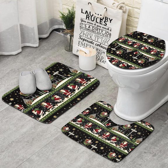 Black Christmas Santa Pattern Bathroom Rugs Sets 3 Piece,Toilet Cover Set,Absorbent Non Slip Bathroom Mats Sets with U-Shaped Contour Rug Toilet Rug Set