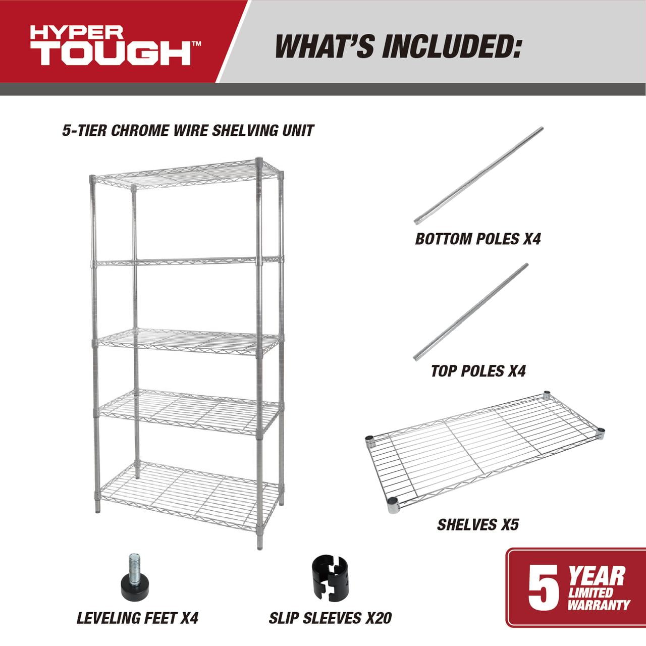 Hyper Tough 5-Tier Wire Storage Shelves, 36"W x 16"D x 72"H, 1750 lb Load Capacity, Chrome