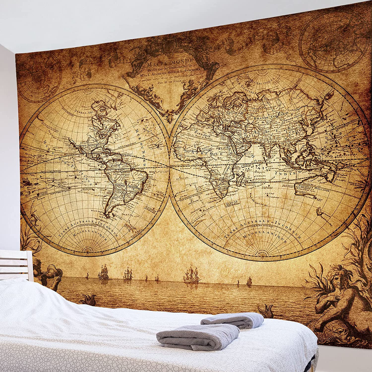 Antique World Map Wall Tapestry Hanging Polyester Fabric Bedroom Dorm Art Decor 
