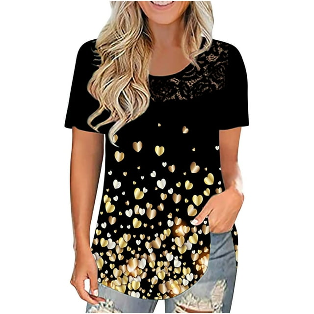 Pompotops Mode T-shirt Décontracté à Manches Courtes en Dentelle Col Rond Imprimé pour Femmes