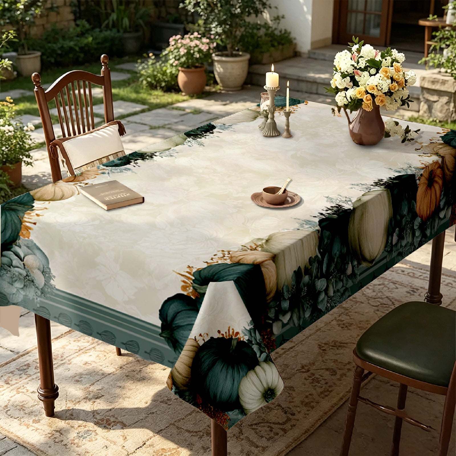 Fall Farmhouse Pumpkin Flower Print Tablecloth Autumn Holiday Kitchen Dining Home Accent Decor Seasonal Table Cover Thanksgiving Christmas Gift