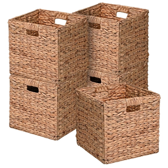 happimess BSK2003A-SET5 Bryce 12.6" Classic Farmhouse Handwoven Hyacinth Collapsible Storage Cube Baskets with Handles, Natural (Set of 5)